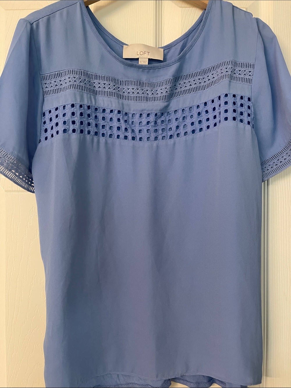 LOFT Periwinkle Eyelet-Trim Short Sleeve Blouse